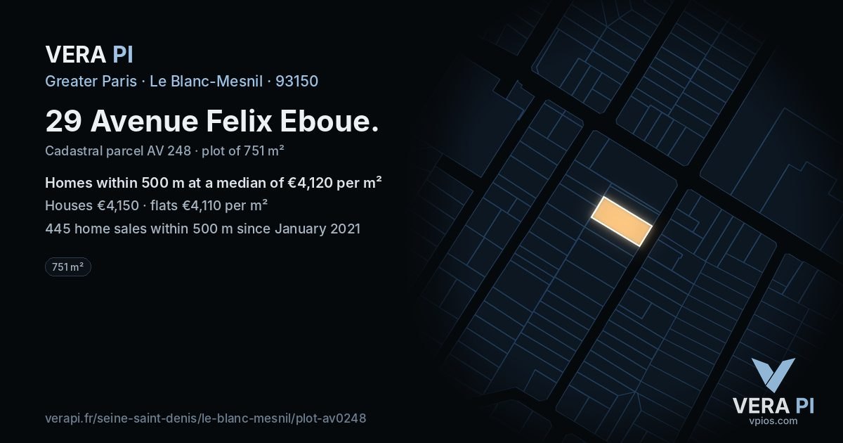 29 Avenue Felix Eboue, Le Blanc-Mesnil at night – the plot lit, the parcels around coloured by the prices near them