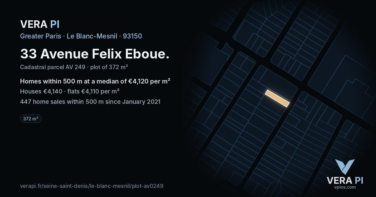 33 Avenue Felix Eboue, Le Blanc-Mesnil at night – the plot lit, the parcels around coloured by the prices near them