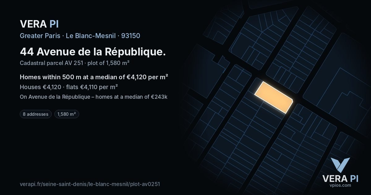 44 Avenue de la République, Le Blanc-Mesnil at night – the plot lit, the parcels around coloured by the prices near them