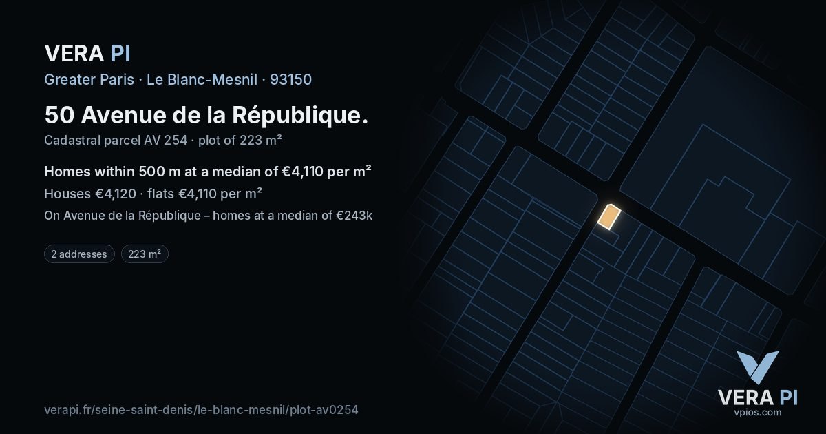 50 Avenue de la République, Le Blanc-Mesnil at night – the plot lit, the parcels around coloured by the prices near them