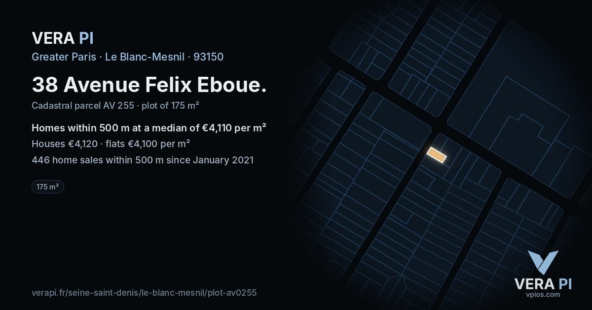 38 Avenue Felix Eboue, Le Blanc-Mesnil at night – the plot lit, the parcels around coloured by the prices near them