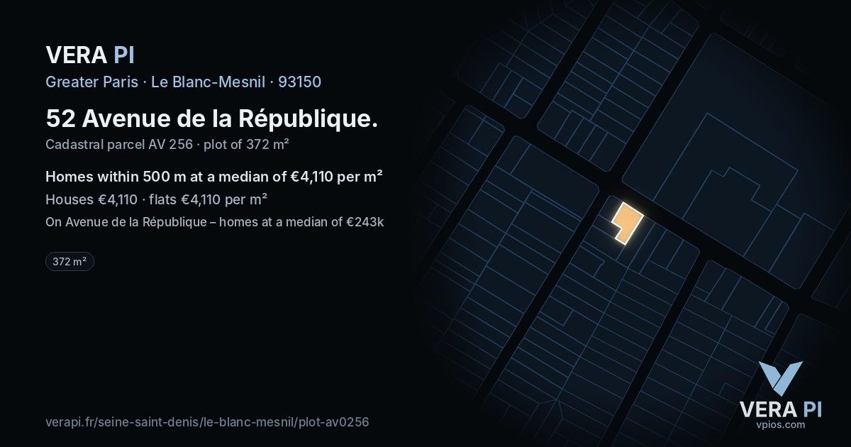 52 Avenue de la République, Le Blanc-Mesnil at night – the plot lit, the parcels around coloured by the prices near them