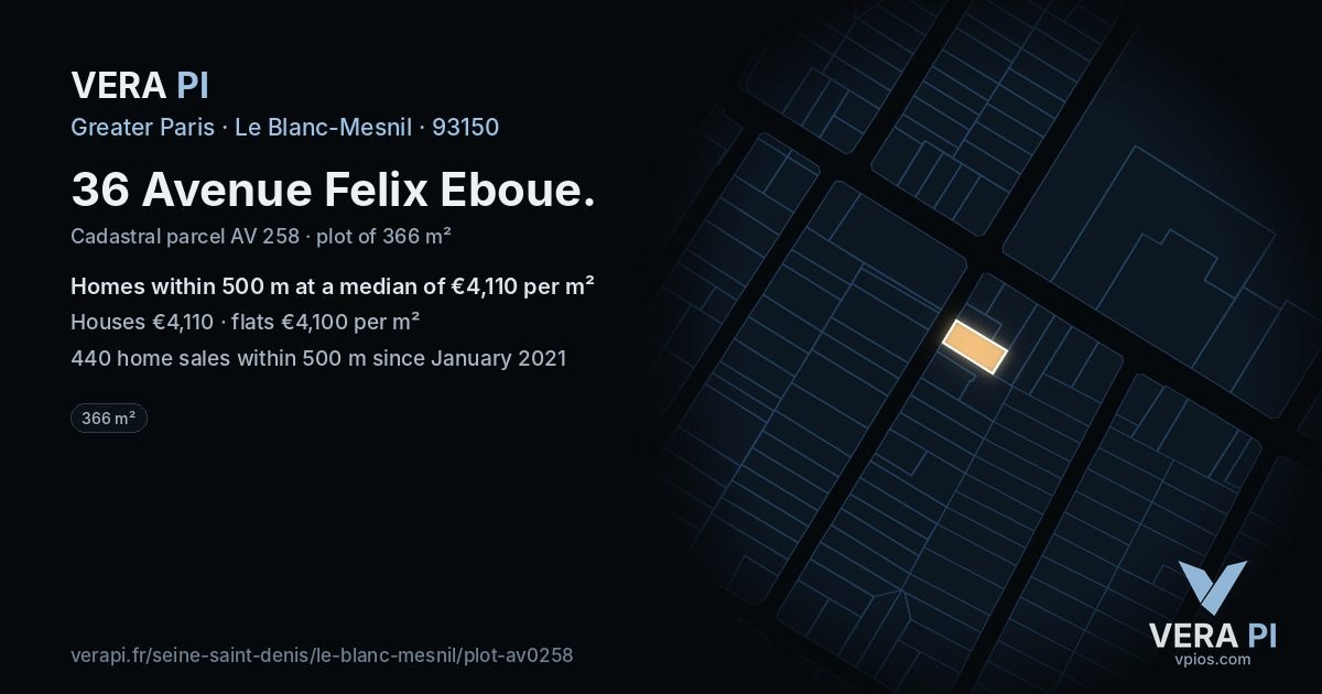 36 Avenue Felix Eboue, Le Blanc-Mesnil at night – the plot lit, the parcels around coloured by the prices near them