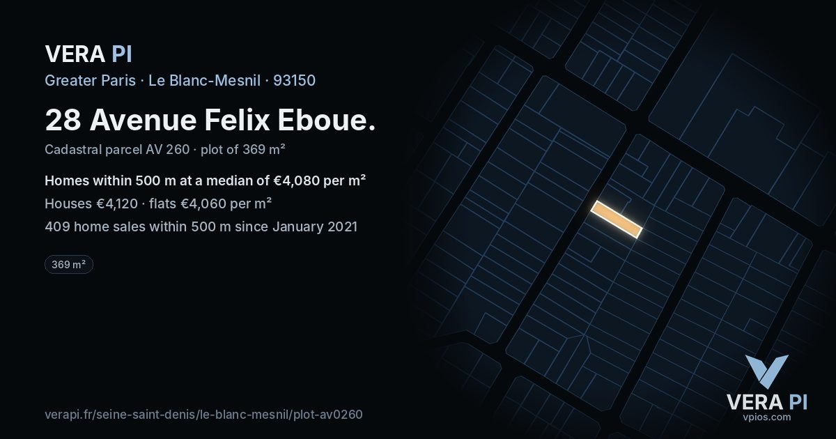 28 Avenue Felix Eboue, Le Blanc-Mesnil at night – the plot lit, the parcels around coloured by the prices near them
