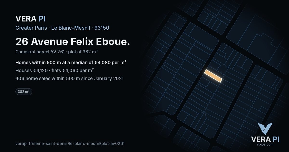 26 Avenue Felix Eboue, Le Blanc-Mesnil at night – the plot lit, the parcels around coloured by the prices near them