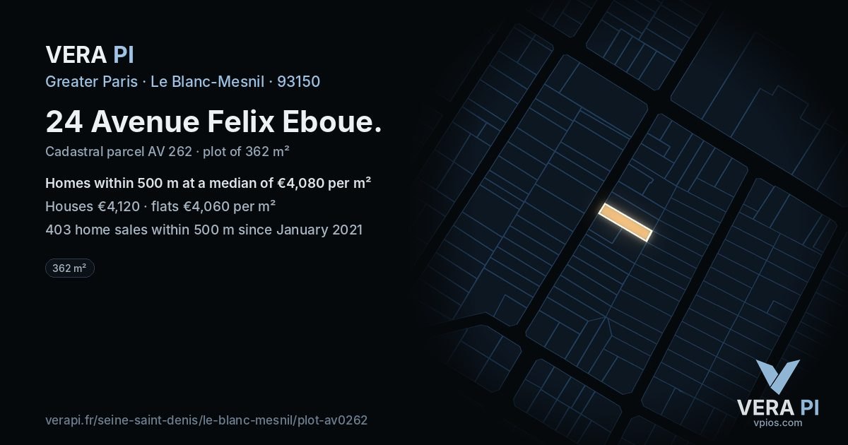 24 Avenue Felix Eboue, Le Blanc-Mesnil at night – the plot lit, the parcels around coloured by the prices near them