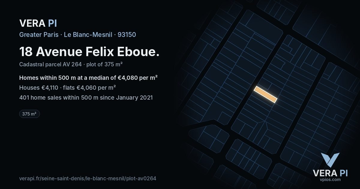 18 Avenue Felix Eboue, Le Blanc-Mesnil at night – the plot lit, the parcels around coloured by the prices near them