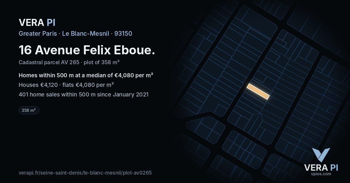 16 Avenue Felix Eboue, Le Blanc-Mesnil at night – the plot lit, the parcels around coloured by the prices near them
