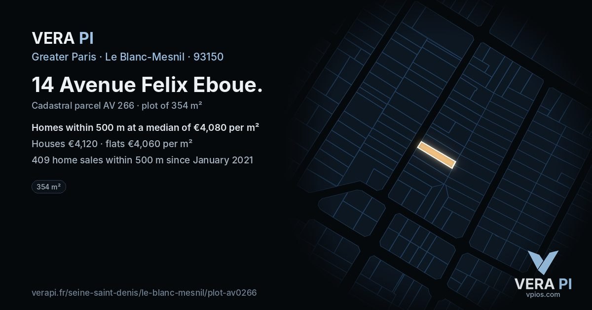 14 Avenue Felix Eboue, Le Blanc-Mesnil at night – the plot lit, the parcels around coloured by the prices near them
