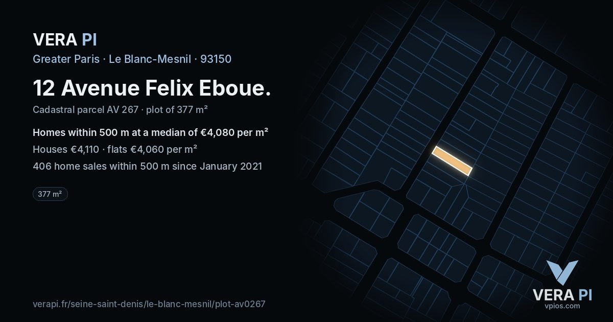 12 Avenue Felix Eboue, Le Blanc-Mesnil at night – the plot lit, the parcels around coloured by the prices near them
