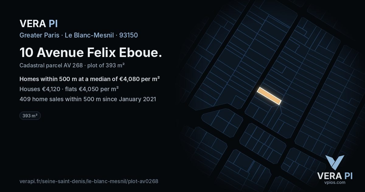 10 Avenue Felix Eboue, Le Blanc-Mesnil at night – the plot lit, the parcels around coloured by the prices near them