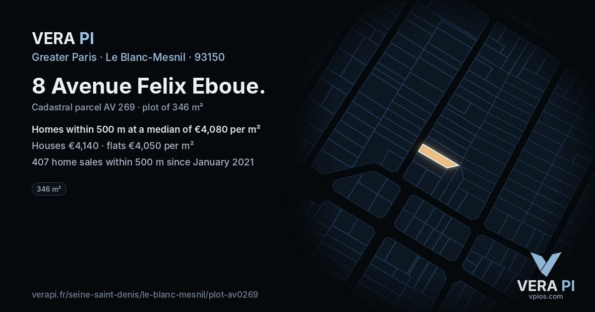 8 Avenue Felix Eboue, Le Blanc-Mesnil at night – the plot lit, the parcels around coloured by the prices near them