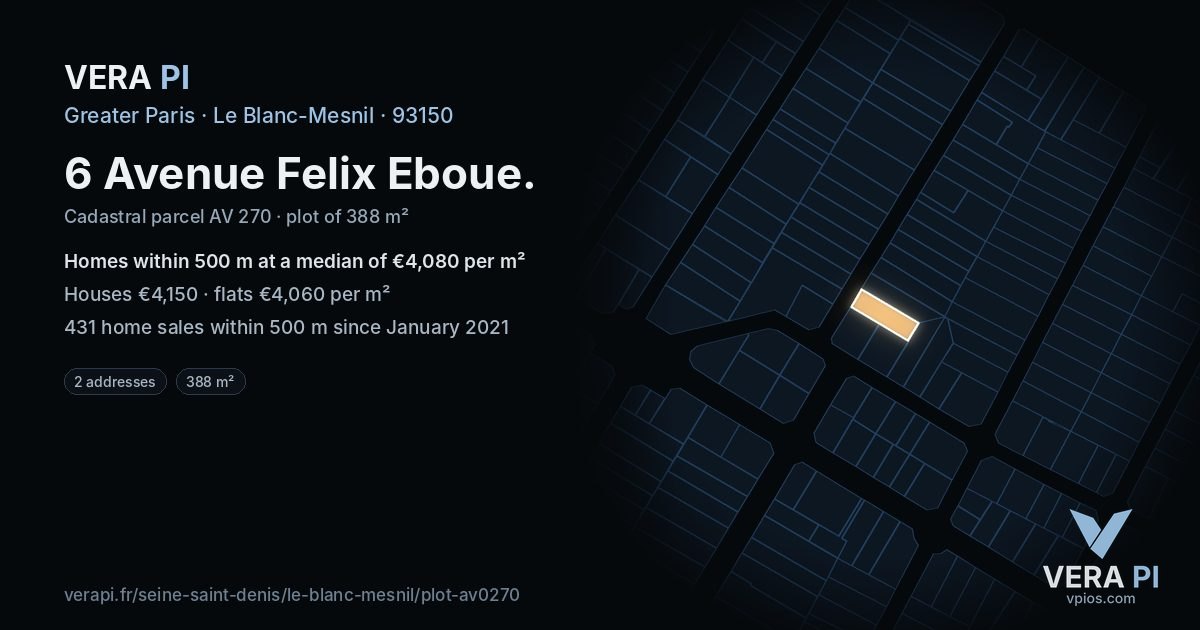6 Avenue Felix Eboue, Le Blanc-Mesnil at night – the plot lit, the parcels around coloured by the prices near them