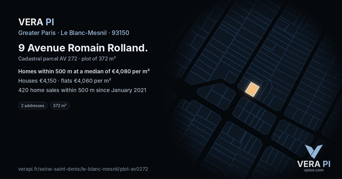 9 Avenue Romain Rolland, Le Blanc-Mesnil at night – the plot lit, the parcels around coloured by the prices near them