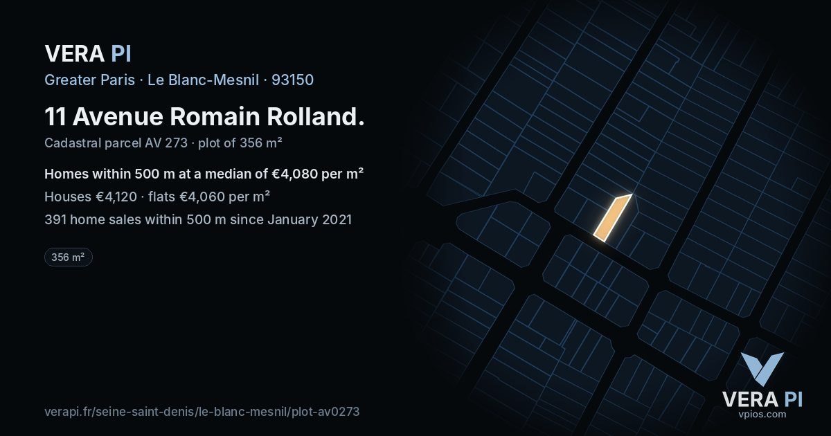 11 Avenue Romain Rolland, Le Blanc-Mesnil at night – the plot lit, the parcels around coloured by the prices near them