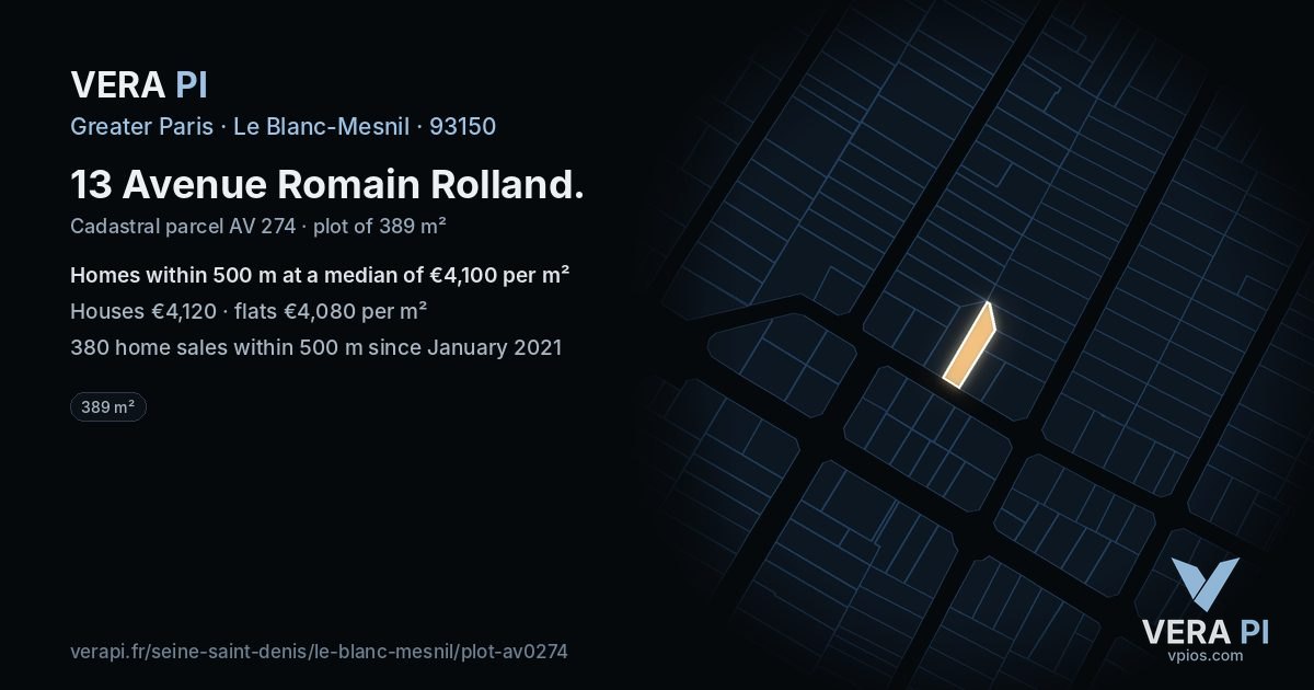 13 Avenue Romain Rolland, Le Blanc-Mesnil at night – the plot lit, the parcels around coloured by the prices near them