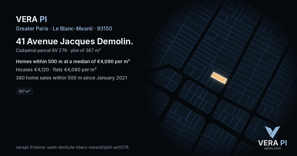 41 Avenue Jacques Demolin, Le Blanc-Mesnil at night – the plot lit, the parcels around coloured by the prices near them