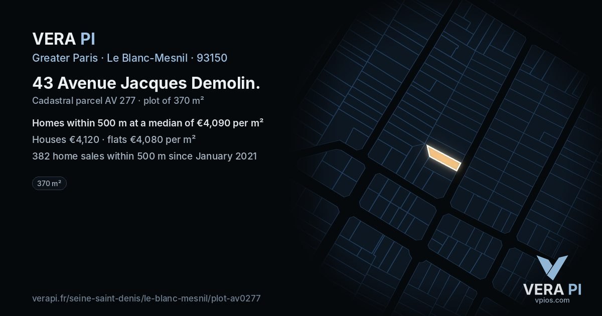 43 Avenue Jacques Demolin, Le Blanc-Mesnil at night – the plot lit, the parcels around coloured by the prices near them