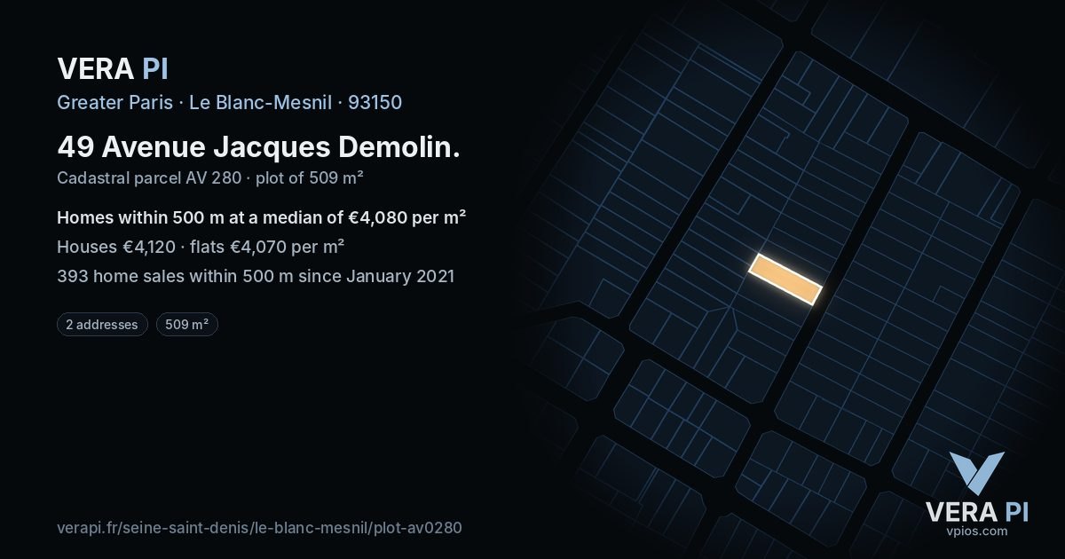 49 Avenue Jacques Demolin, Le Blanc-Mesnil at night – the plot lit, the parcels around coloured by the prices near them