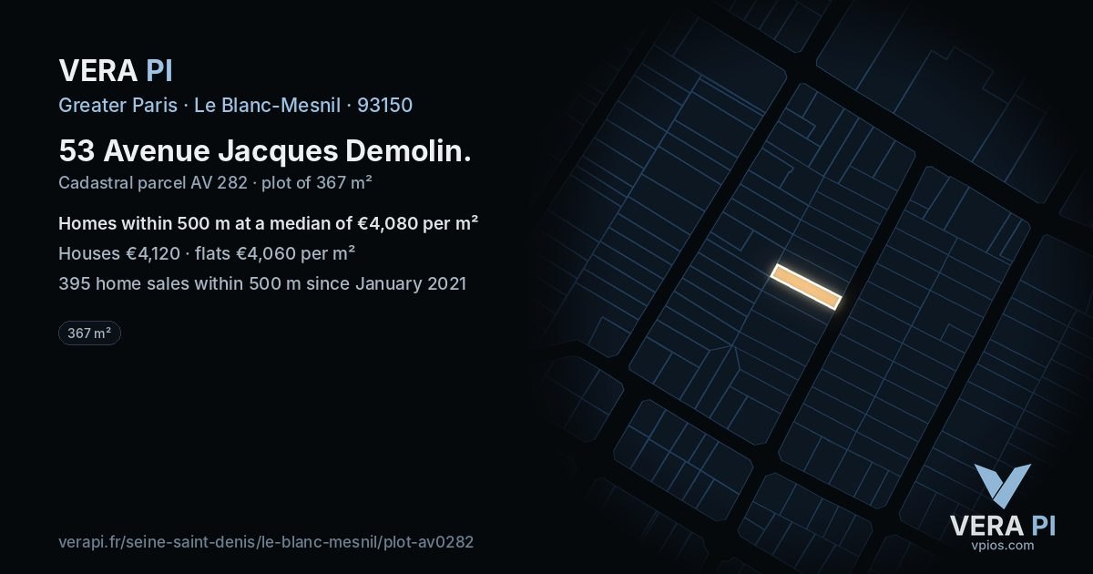 53 Avenue Jacques Demolin, Le Blanc-Mesnil at night – the plot lit, the parcels around coloured by the prices near them
