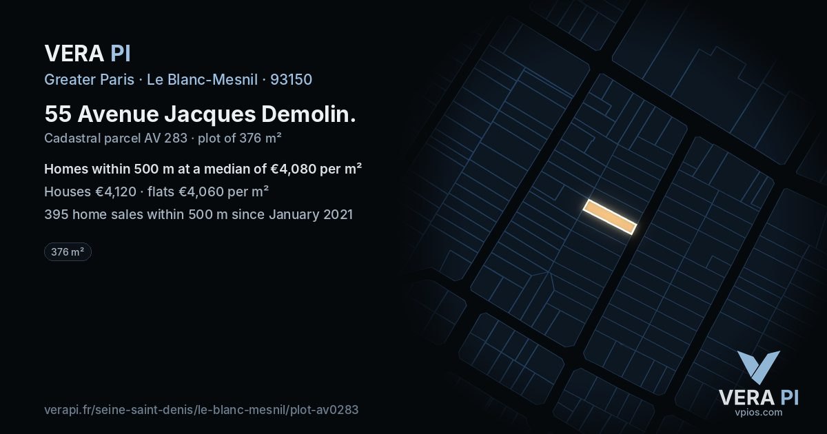 55 Avenue Jacques Demolin, Le Blanc-Mesnil at night – the plot lit, the parcels around coloured by the prices near them