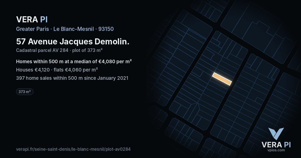 57 Avenue Jacques Demolin, Le Blanc-Mesnil at night – the plot lit, the parcels around coloured by the prices near them