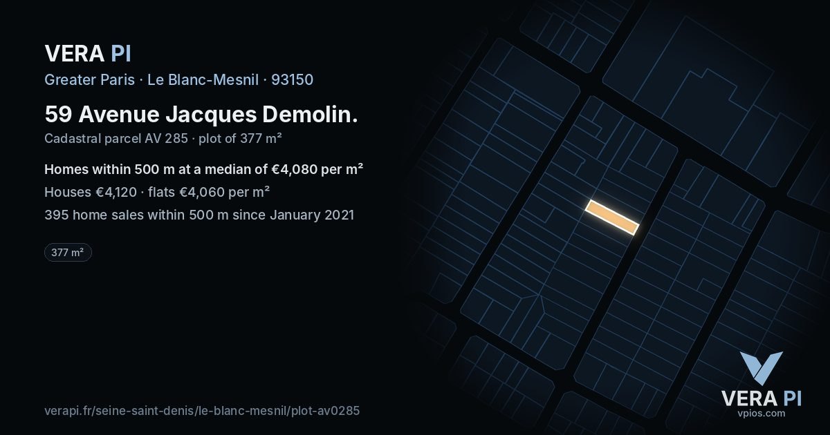 59 Avenue Jacques Demolin, Le Blanc-Mesnil at night – the plot lit, the parcels around coloured by the prices near them