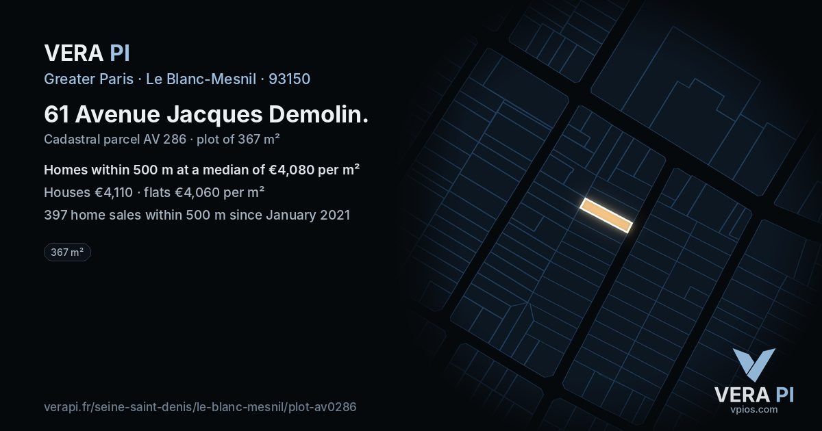 61 Avenue Jacques Demolin, Le Blanc-Mesnil at night – the plot lit, the parcels around coloured by the prices near them