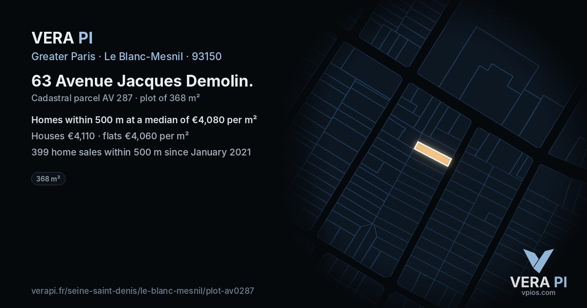 63 Avenue Jacques Demolin, Le Blanc-Mesnil at night – the plot lit, the parcels around coloured by the prices near them