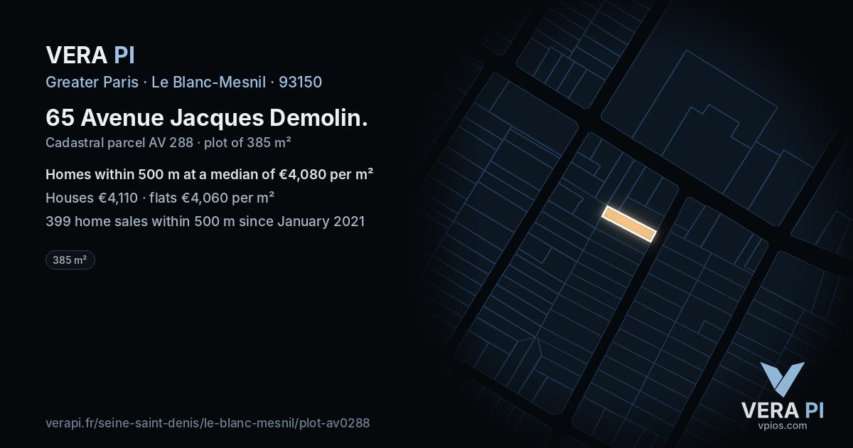 65 Avenue Jacques Demolin, Le Blanc-Mesnil at night – the plot lit, the parcels around coloured by the prices near them