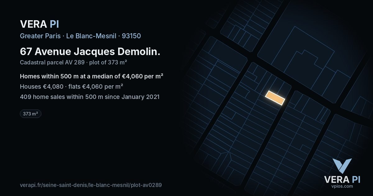 67 Avenue Jacques Demolin, Le Blanc-Mesnil at night – the plot lit, the parcels around coloured by the prices near them