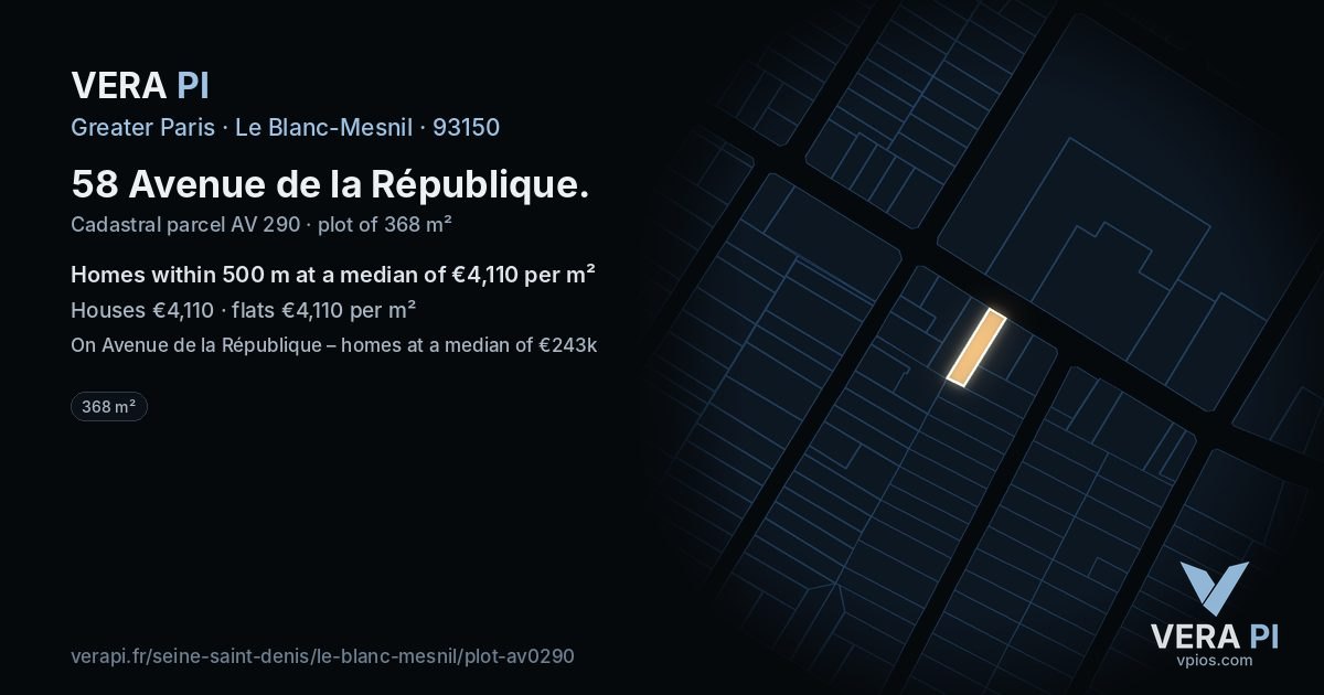 58 Avenue de la République, Le Blanc-Mesnil at night – the plot lit, the parcels around coloured by the prices near them