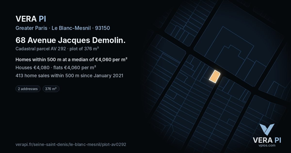 68 Avenue Jacques Demolin, Le Blanc-Mesnil at night – the plot lit, the parcels around coloured by the prices near them