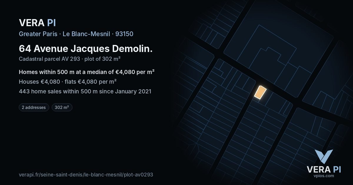 64 Avenue Jacques Demolin, Le Blanc-Mesnil at night – the plot lit, the parcels around coloured by the prices near them