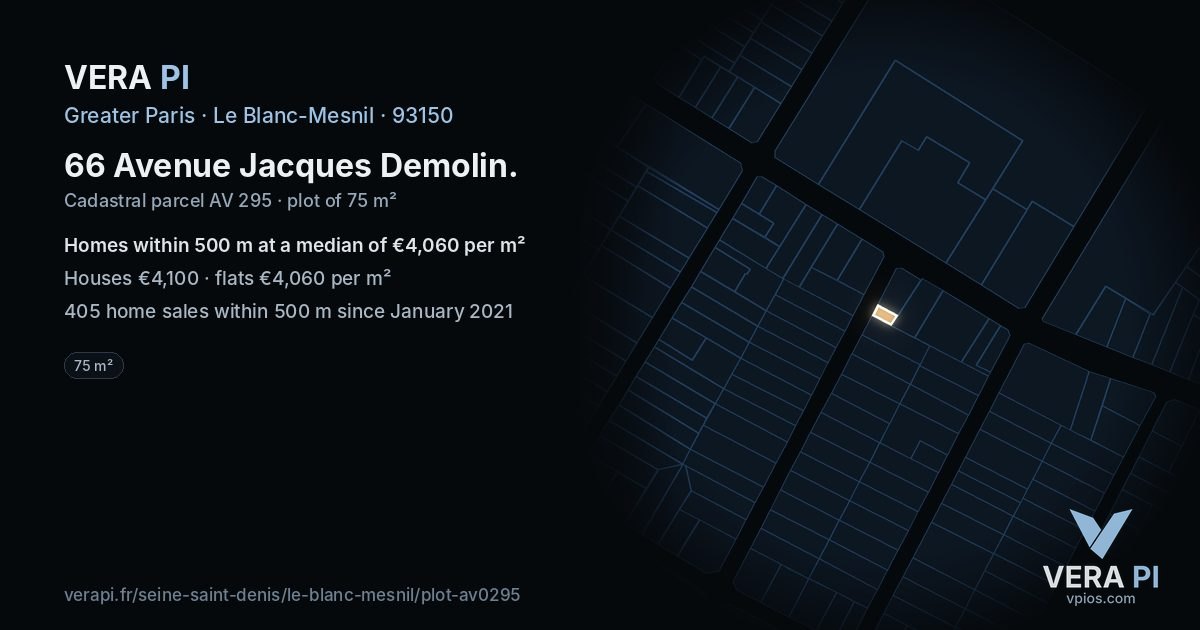 66 Avenue Jacques Demolin, Le Blanc-Mesnil at night – the plot lit, the parcels around coloured by the prices near them