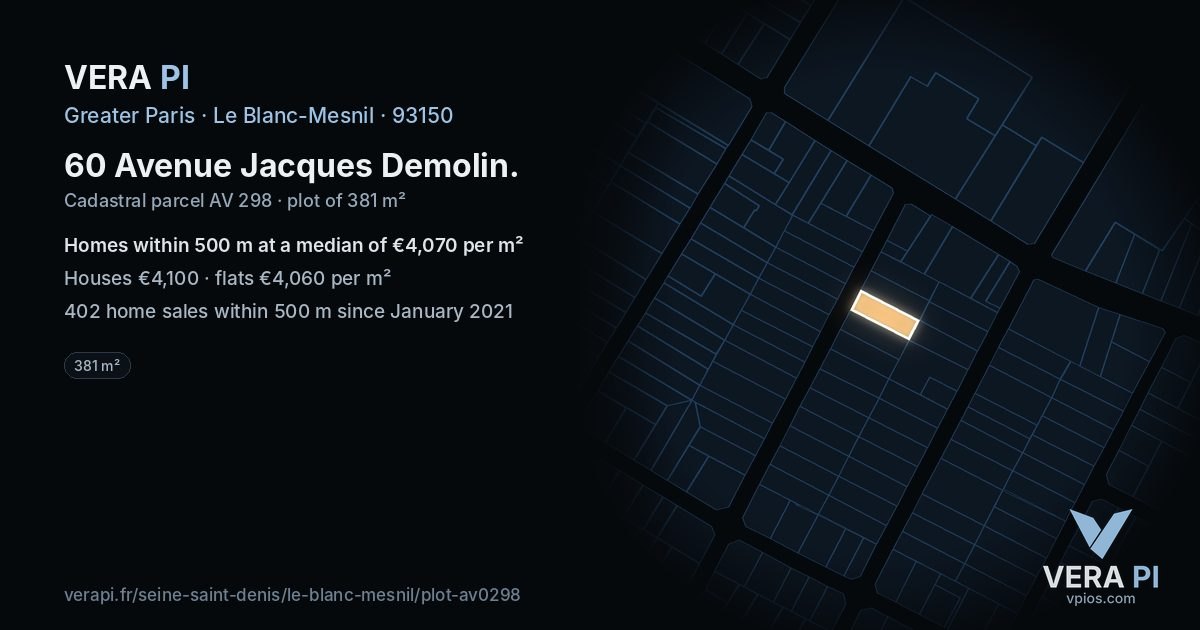 60 Avenue Jacques Demolin, Le Blanc-Mesnil at night – the plot lit, the parcels around coloured by the prices near them