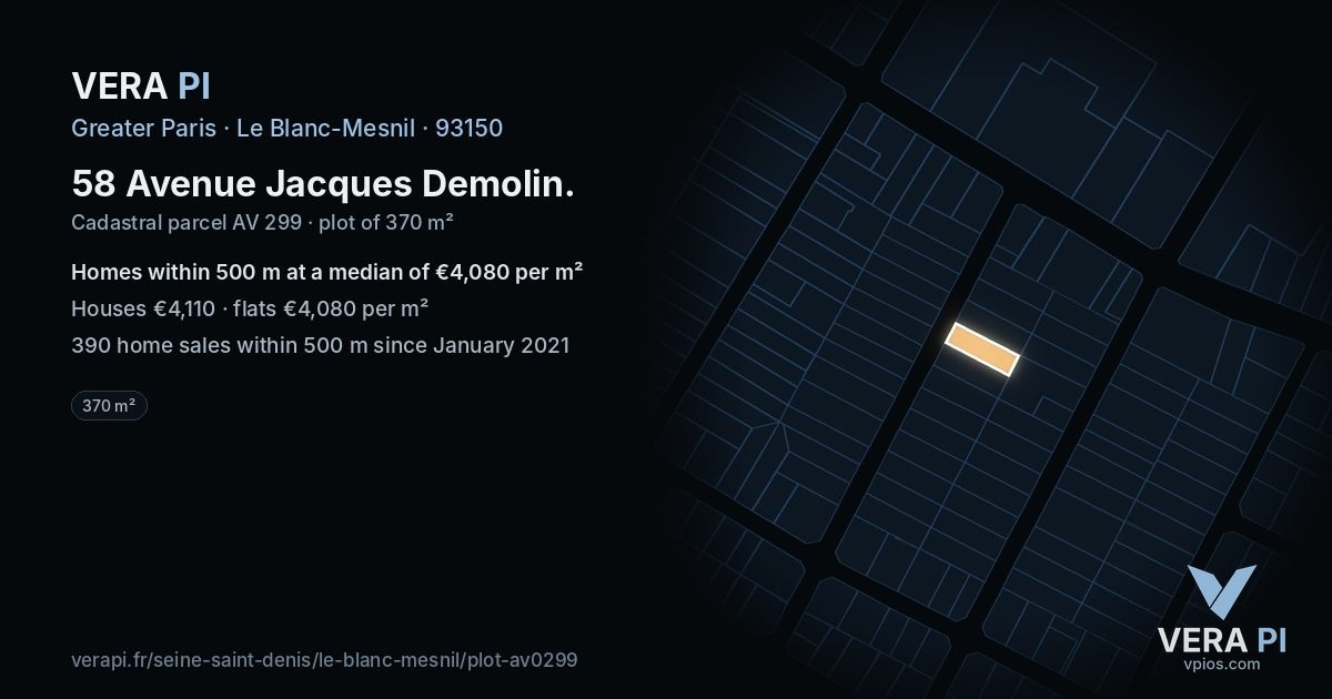 58 Avenue Jacques Demolin, Le Blanc-Mesnil at night – the plot lit, the parcels around coloured by the prices near them
