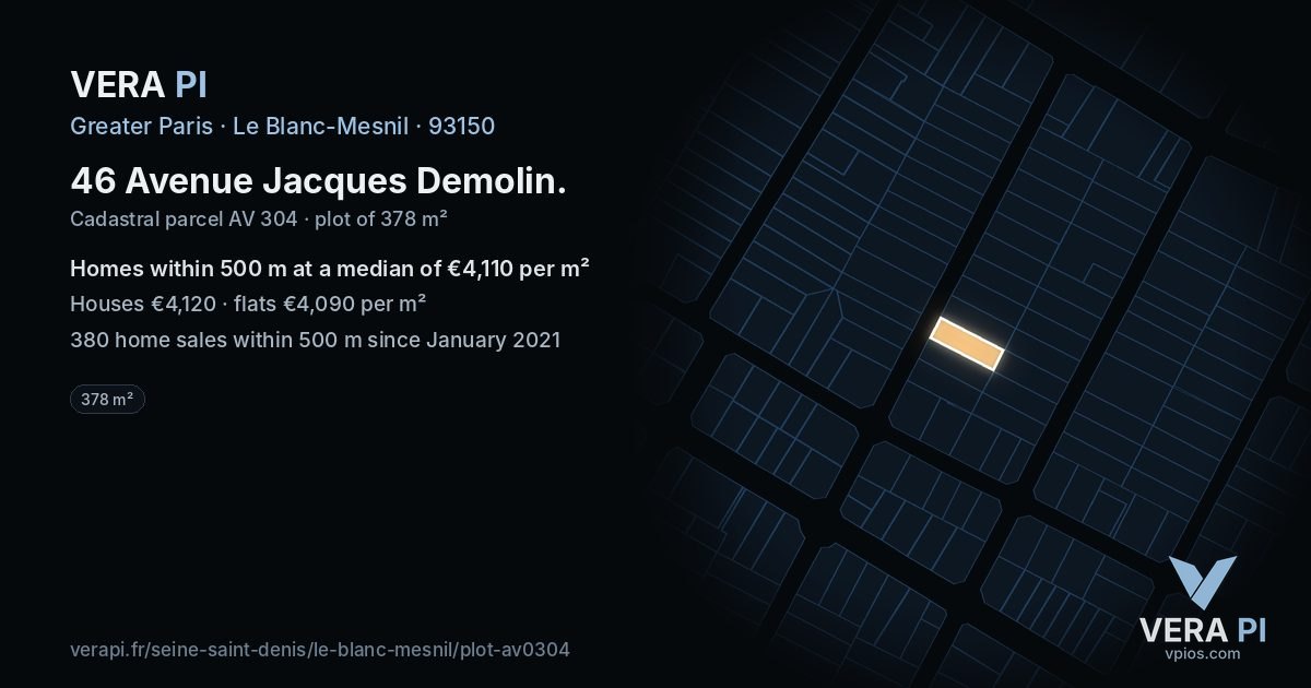 46 Avenue Jacques Demolin, Le Blanc-Mesnil at night – the plot lit, the parcels around coloured by the prices near them
