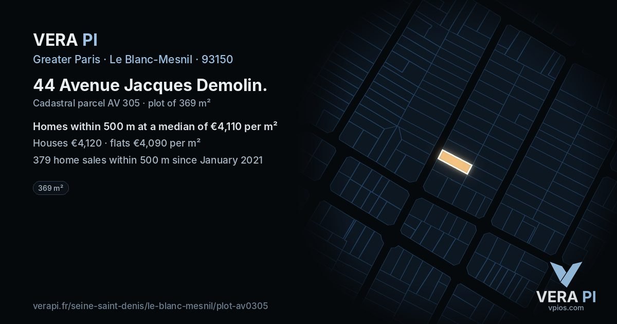 44 Avenue Jacques Demolin, Le Blanc-Mesnil at night – the plot lit, the parcels around coloured by the prices near them
