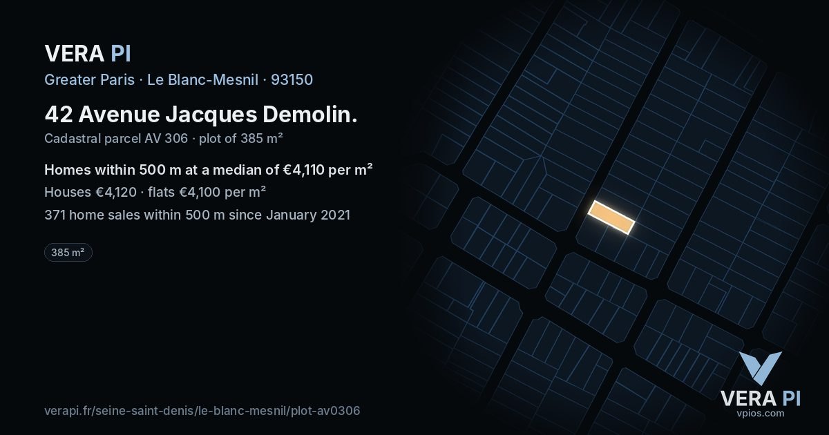 42 Avenue Jacques Demolin, Le Blanc-Mesnil at night – the plot lit, the parcels around coloured by the prices near them
