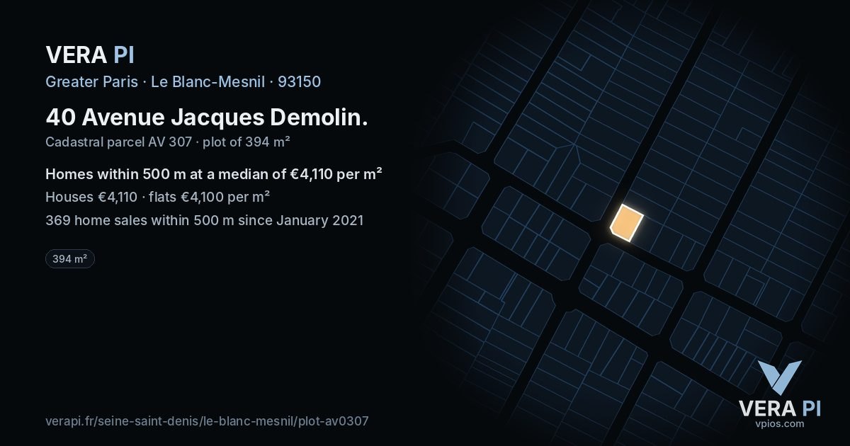 40 Avenue Jacques Demolin, Le Blanc-Mesnil at night – the plot lit, the parcels around coloured by the prices near them