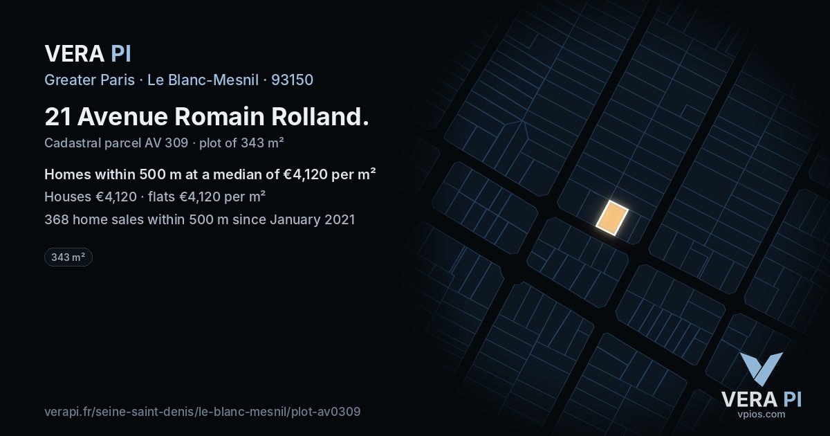 21 Avenue Romain Rolland, Le Blanc-Mesnil at night – the plot lit, the parcels around coloured by the prices near them