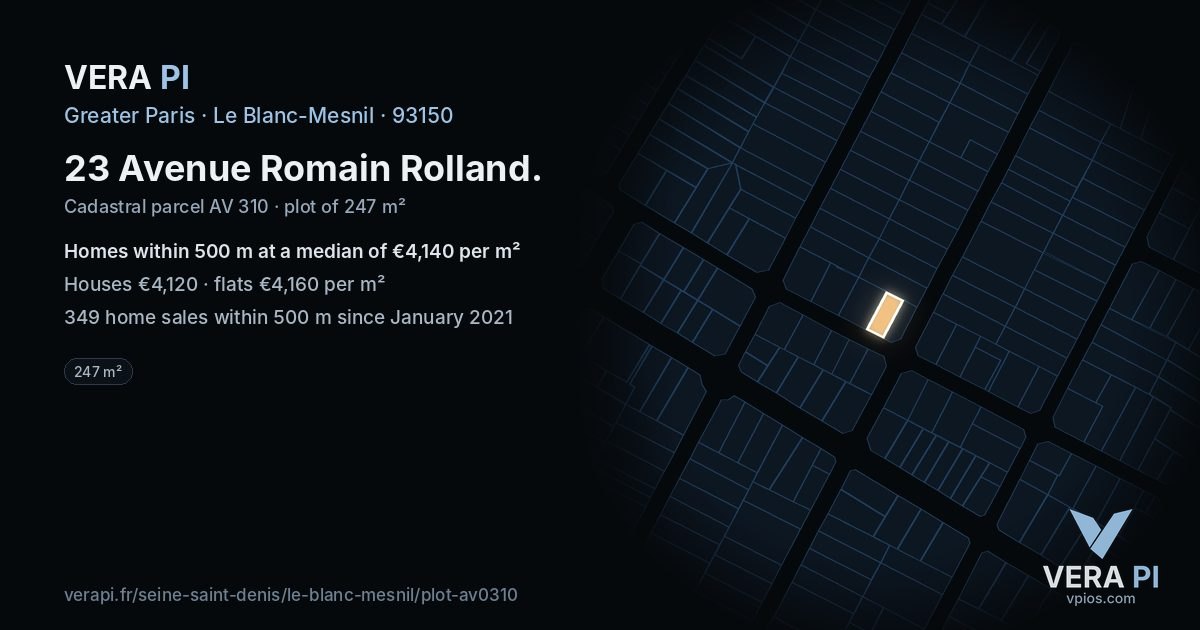 23 Avenue Romain Rolland, Le Blanc-Mesnil at night – the plot lit, the parcels around coloured by the prices near them