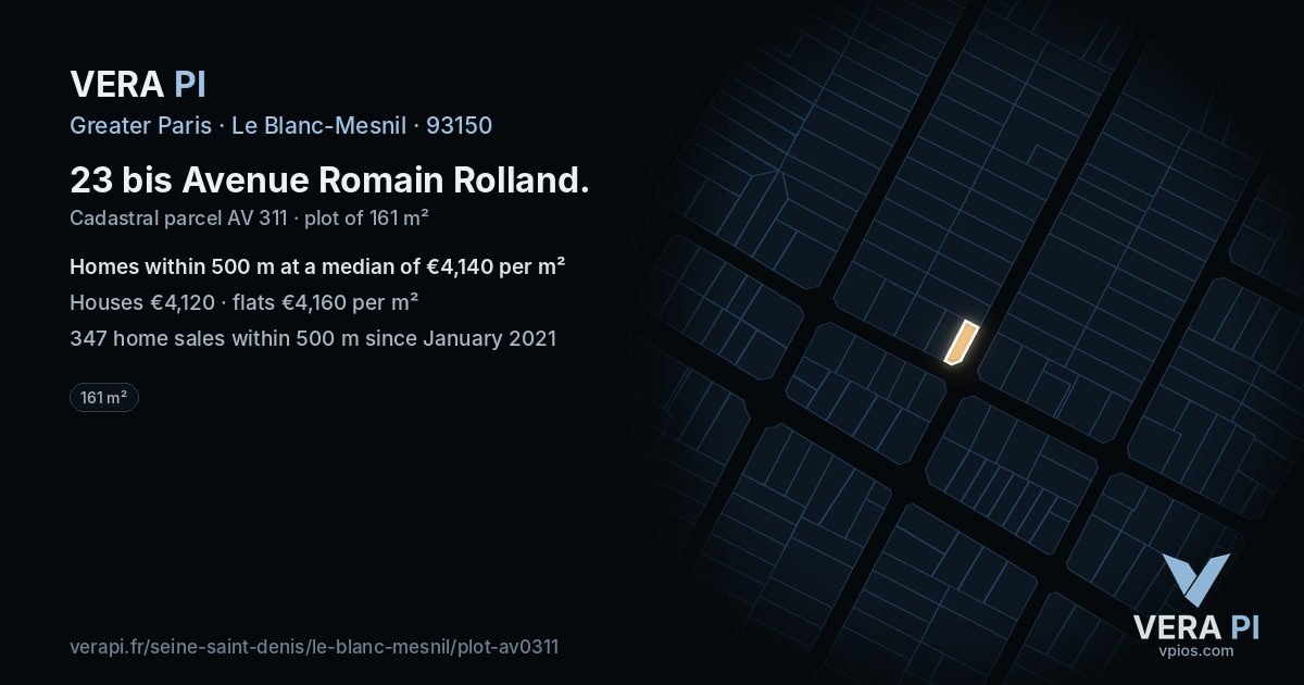 23 bis Avenue Romain Rolland, Le Blanc-Mesnil at night – the plot lit, the parcels around coloured by the prices near them