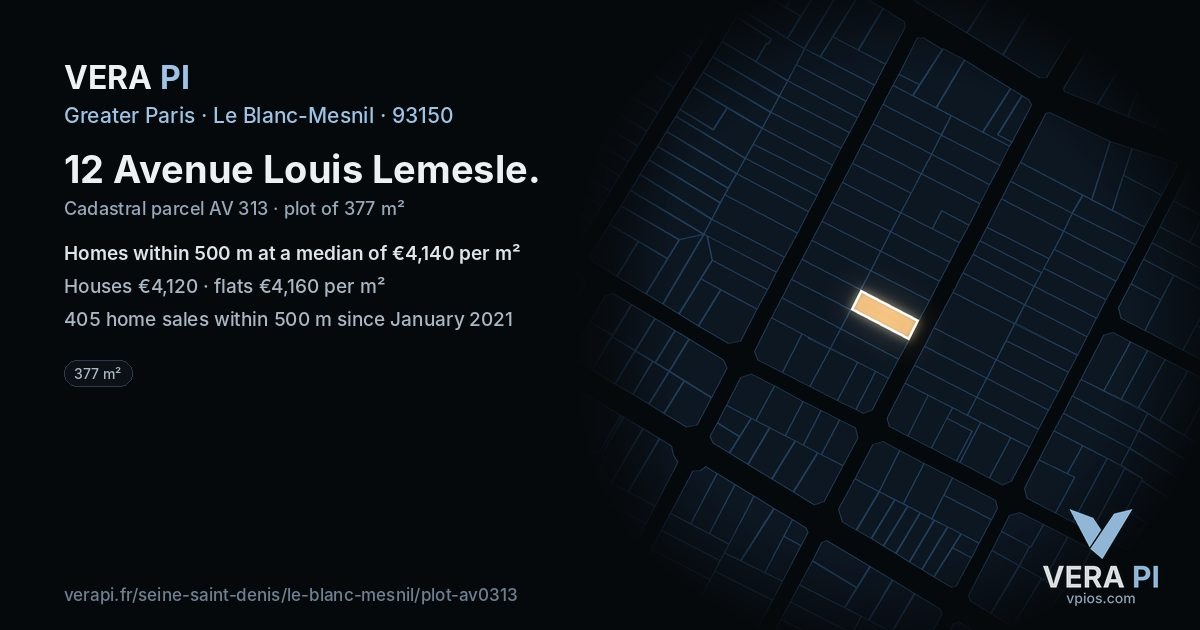 12 Avenue Louis Lemesle, Le Blanc-Mesnil at night – the plot lit, the parcels around coloured by the prices near them