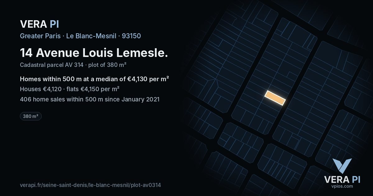 14 Avenue Louis Lemesle, Le Blanc-Mesnil at night – the plot lit, the parcels around coloured by the prices near them
