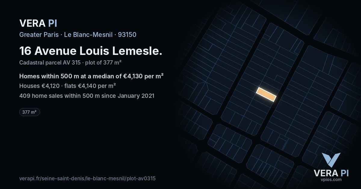 16 Avenue Louis Lemesle, Le Blanc-Mesnil at night – the plot lit, the parcels around coloured by the prices near them