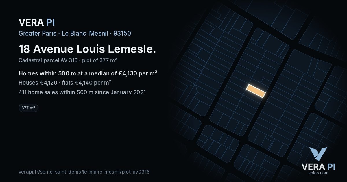 18 Avenue Louis Lemesle, Le Blanc-Mesnil at night – the plot lit, the parcels around coloured by the prices near them