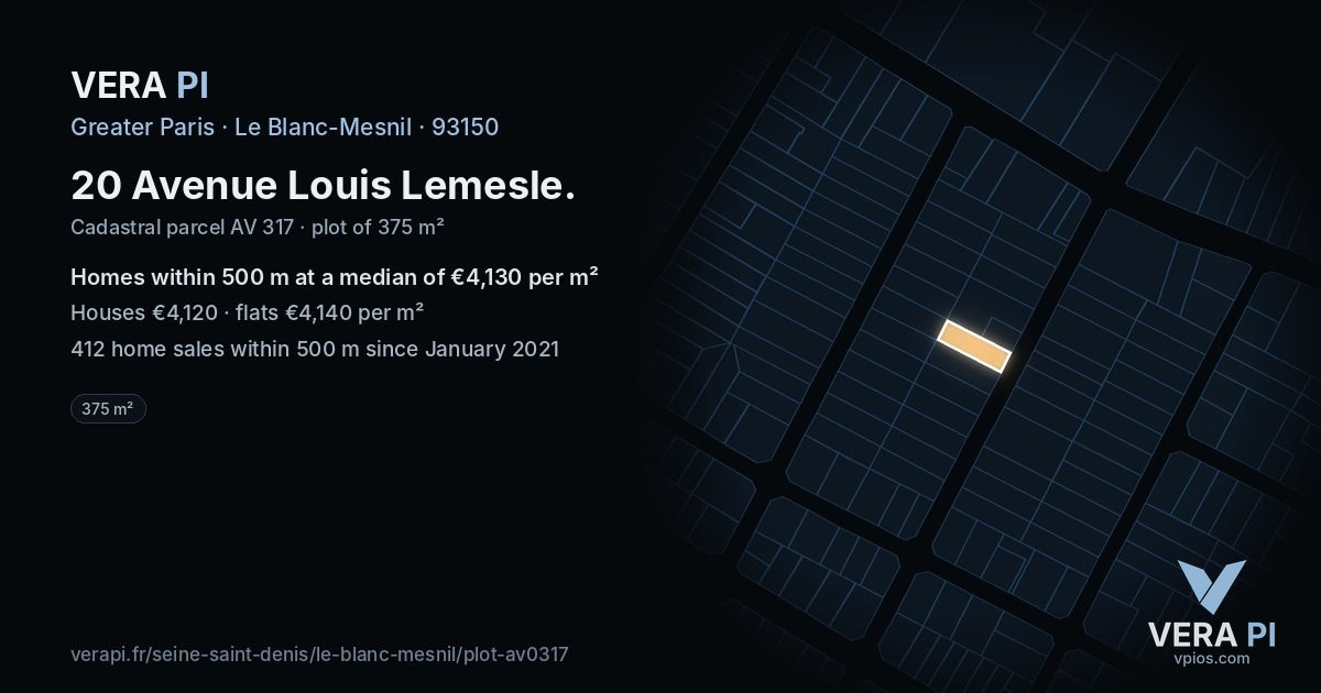 20 Avenue Louis Lemesle, Le Blanc-Mesnil at night – the plot lit, the parcels around coloured by the prices near them