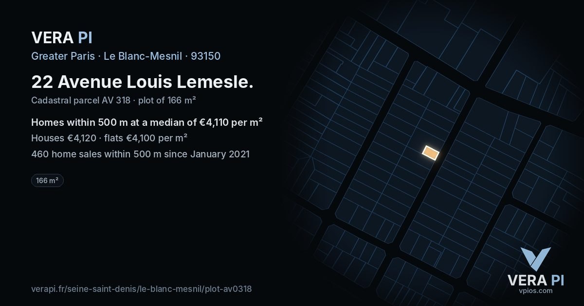 22 Avenue Louis Lemesle, Le Blanc-Mesnil at night – the plot lit, the parcels around coloured by the prices near them